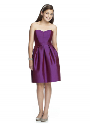 Strapless Purple Box Pleated Satin Junior Bridesmaid Dress WIth Pockets